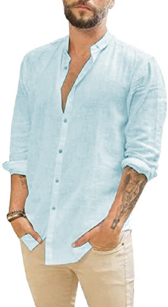 Mens Casual Long Sleeve Cotton Linen Shirts Buttons Down Solid Plain Roll-Up Sleeve Summer Beach Shirts