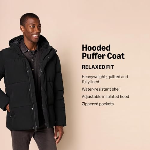 Amazon Essentials Men's Mid-Length Hooded Puffer Coat (Available in Big & Tall), Black, Medium