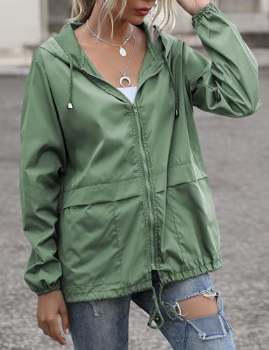 JMinger Women's Raincoats Waterproof Casual Lightweight Windbreaker with Hood for Outdoor Green