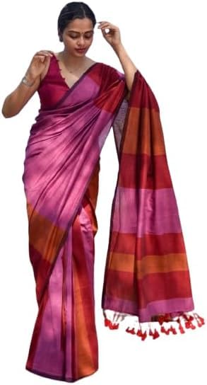 Women's Designer Striped Indian Handloom Ethnic Cotton Saree With Tassels Unstitched Blouse Piece (Pink)