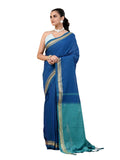 Women's Designer Cotton Indian Handloom Khadi Ethnic Saree With Tassels Unstitched Blouse Piece (blue)