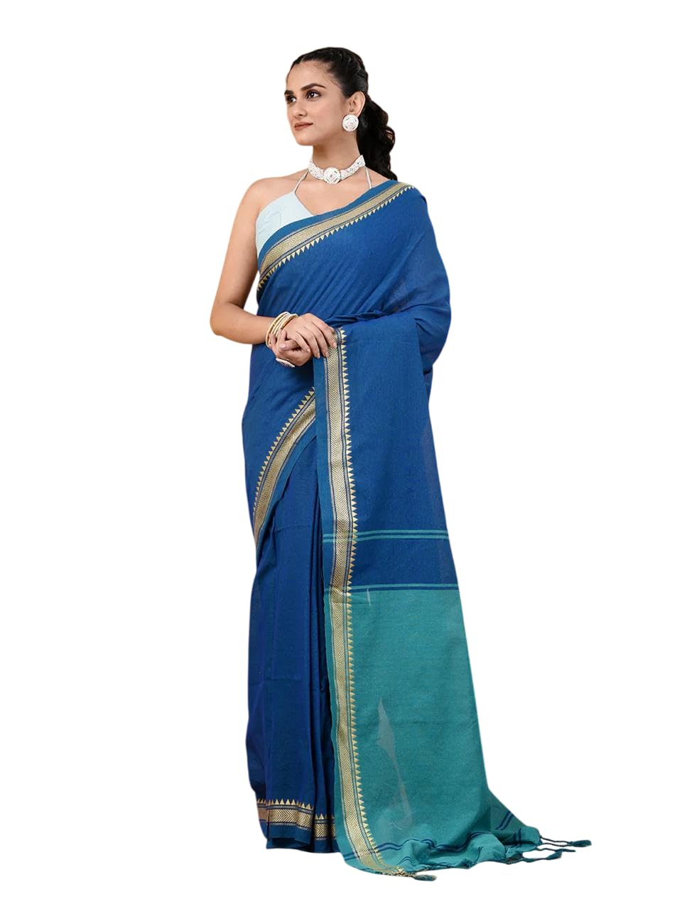 Women's Designer Cotton Indian Handloom Khadi Ethnic Saree With Tassels Unstitched Blouse Piece (blue)