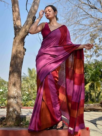 Women's Designer Striped Indian Handloom Ethnic Cotton Saree With Tassels Unstitched Blouse Piece (Pink)