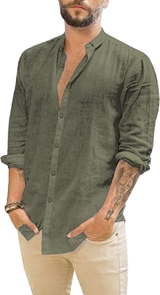 Mens Casual Long Sleeve Cotton Linen Shirts Buttons Down Solid Plain Roll-Up Sleeve Summer Beach Shirts