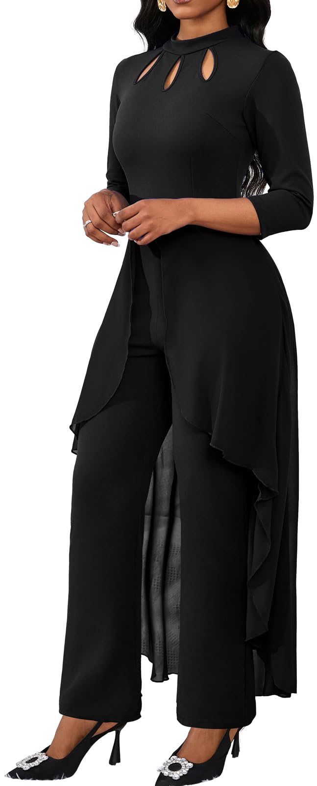 VisiChenup Sexy Jumpsuit for Women Eyehole Mock Neck Long Sleeve Chiffon Overlay Patchwork Solid Color Flowy Skinny Long Pants Clubwear with Zipper