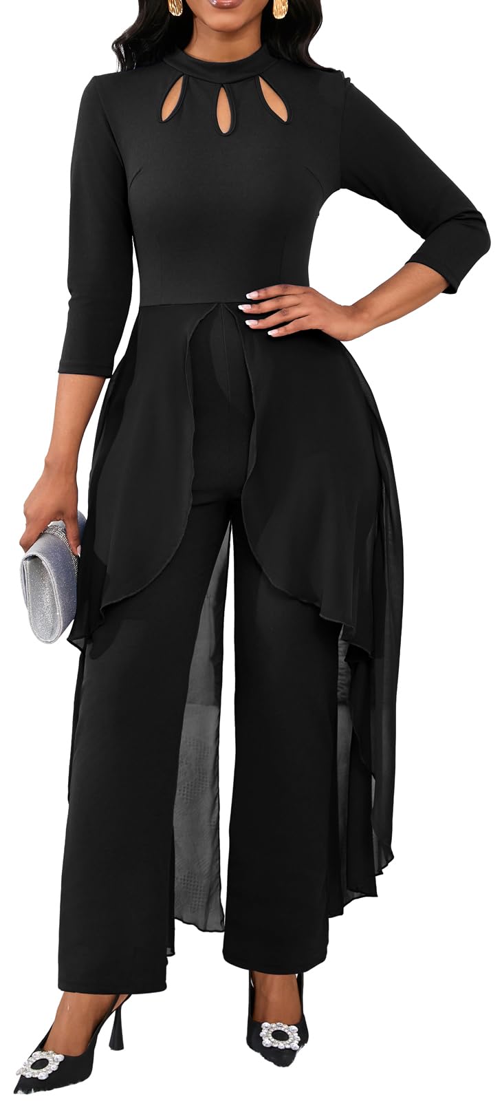 VisiChenup Sexy Jumpsuit for Women Eyehole Mock Neck Long Sleeve Chiffon Overlay Patchwork Solid Color Flowy Skinny Long Pants Clubwear with Zipper