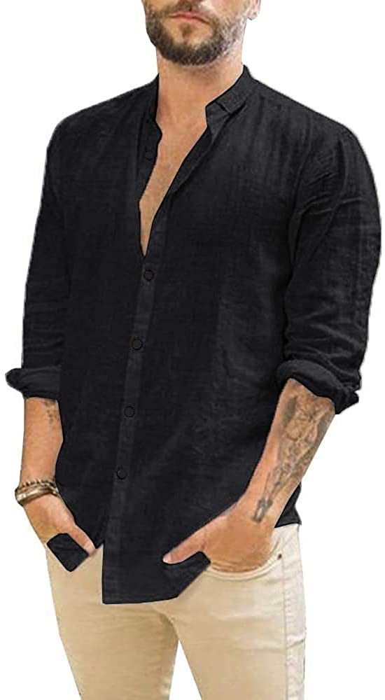 Mens Casual Long Sleeve Cotton Linen Shirts Buttons Down Solid Plain Roll-Up Sleeve Summer Beach Shirts