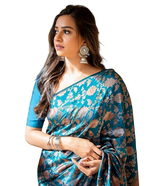 Jaanvi fashion Women's Kanchipuram Silk Saree With Zari Work & Unstitched Blouse Piece (elora-teal-blue)