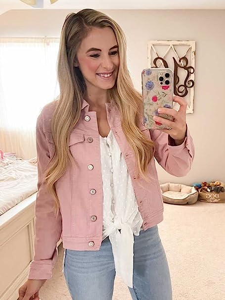 luvamia Women's Classic Casual Long Sleeves Jacket Basic Button Down Trucker Jacket Coat Womens Jean Jacket Spring Jackets For Women Pink Large Fits Size 12 / Size 14
