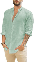 Mens Casual Long Sleeve Cotton Linen Shirts Buttons Down Solid Plain Roll-Up Sleeve Summer Beach Shirts