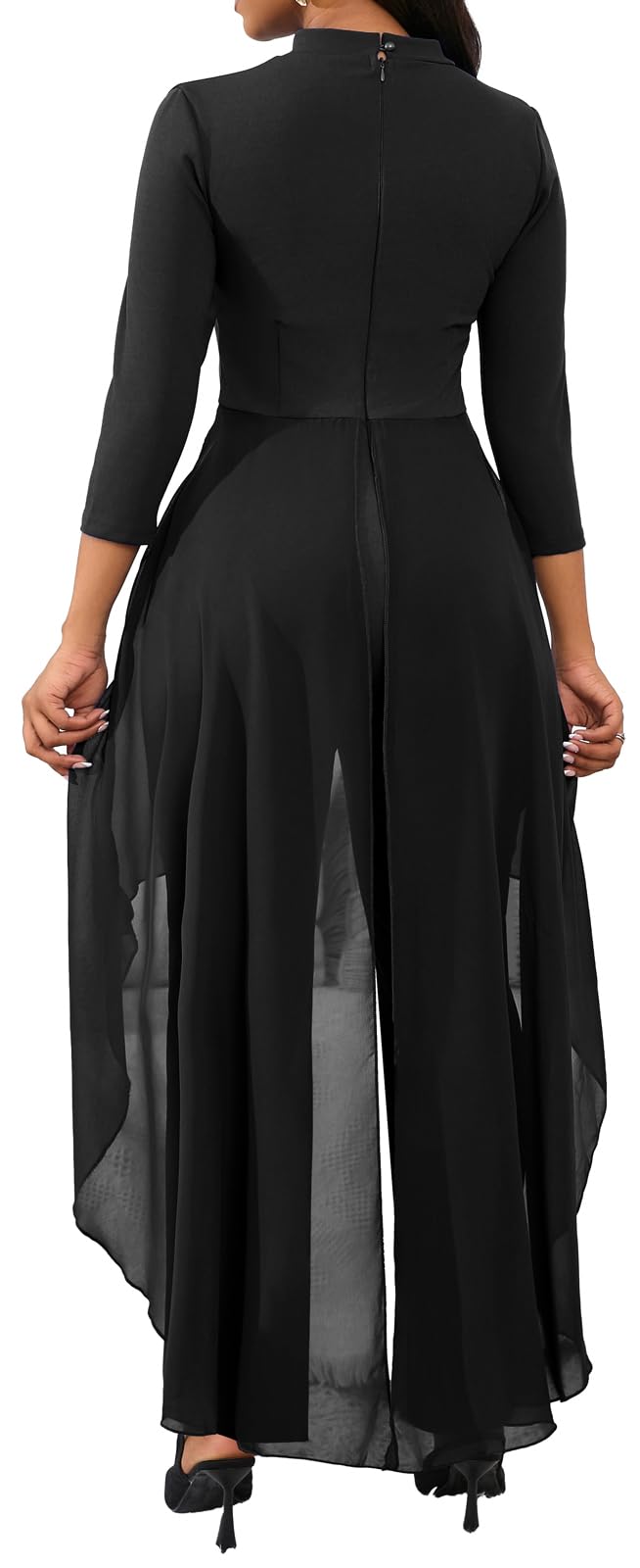 VisiChenup Sexy Jumpsuit for Women Eyehole Mock Neck Long Sleeve Chiffon Overlay Patchwork Solid Color Flowy Skinny Long Pants Clubwear with Zipper