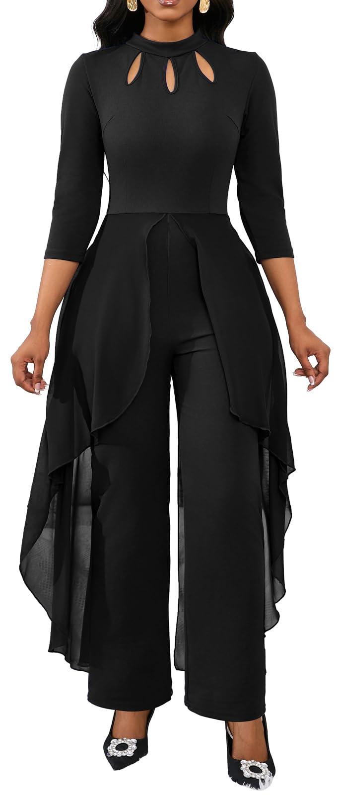 VisiChenup Sexy Jumpsuit for Women Eyehole Mock Neck Long Sleeve Chiffon Overlay Patchwork Solid Color Flowy Skinny Long Pants Clubwear with Zipper