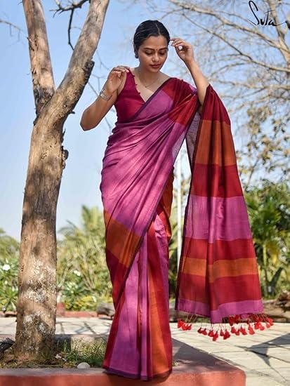 Women's Designer Striped Indian Handloom Ethnic Cotton Saree With Tassels Unstitched Blouse Piece (Pink)