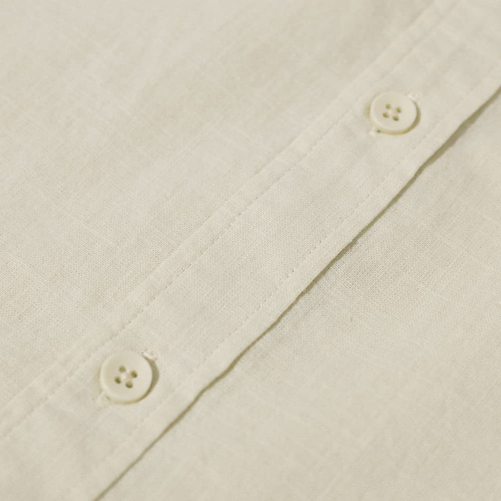 Mens Casual Long Sleeve Cotton Linen Shirts Buttons Down Solid Plain Roll-Up Sleeve Summer Beach Shirts