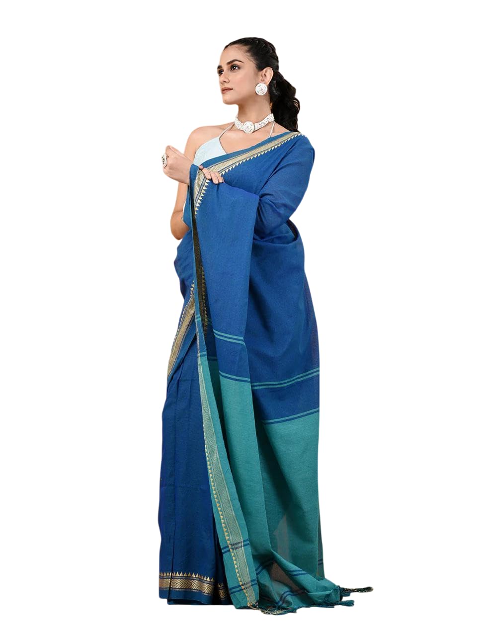 Women's Designer Cotton Indian Handloom Khadi Ethnic Saree With Tassels Unstitched Blouse Piece (blue)