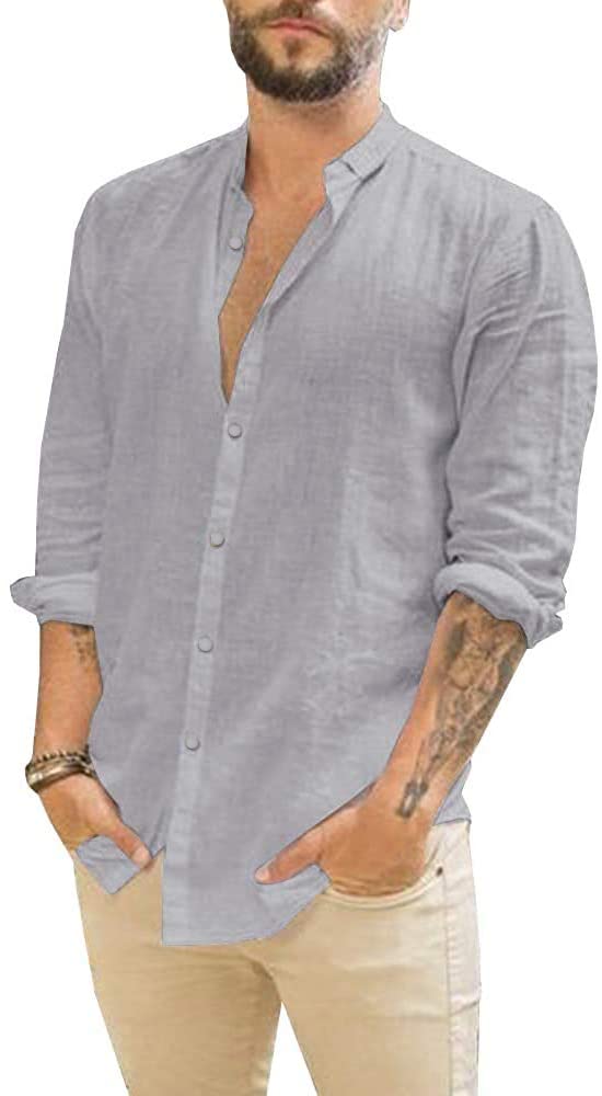 Mens Casual Long Sleeve Cotton Linen Shirts Buttons Down Solid Plain Roll-Up Sleeve Summer Beach Shirts