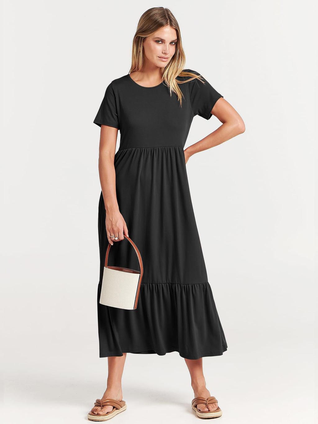 ANRABESS Womens 2025 Summer Casual Maxi Dress A line Tiered Flowy Short Sleeve Crewneck T Shirt Beach Travel Long Dresses Black X-Large