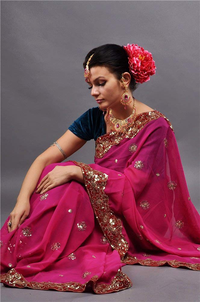 Indian Trendy Women's Bollywood Sequin Embroidered Sari Festival Saree Unstitched Blouse Piece Costume Boho Party Wear (Deep Pink)