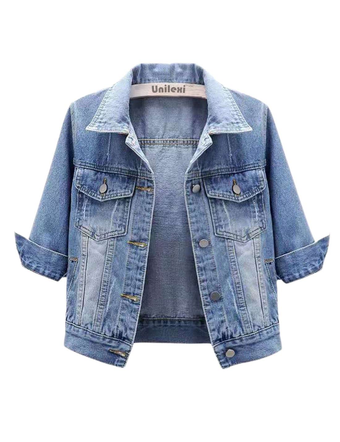 Unilexi Women's 3/4 Sleeve Colored Cropped Denim Jacket Light Wash Short Jean Jacket Trucker Coat(0096-LightBlue-XL)