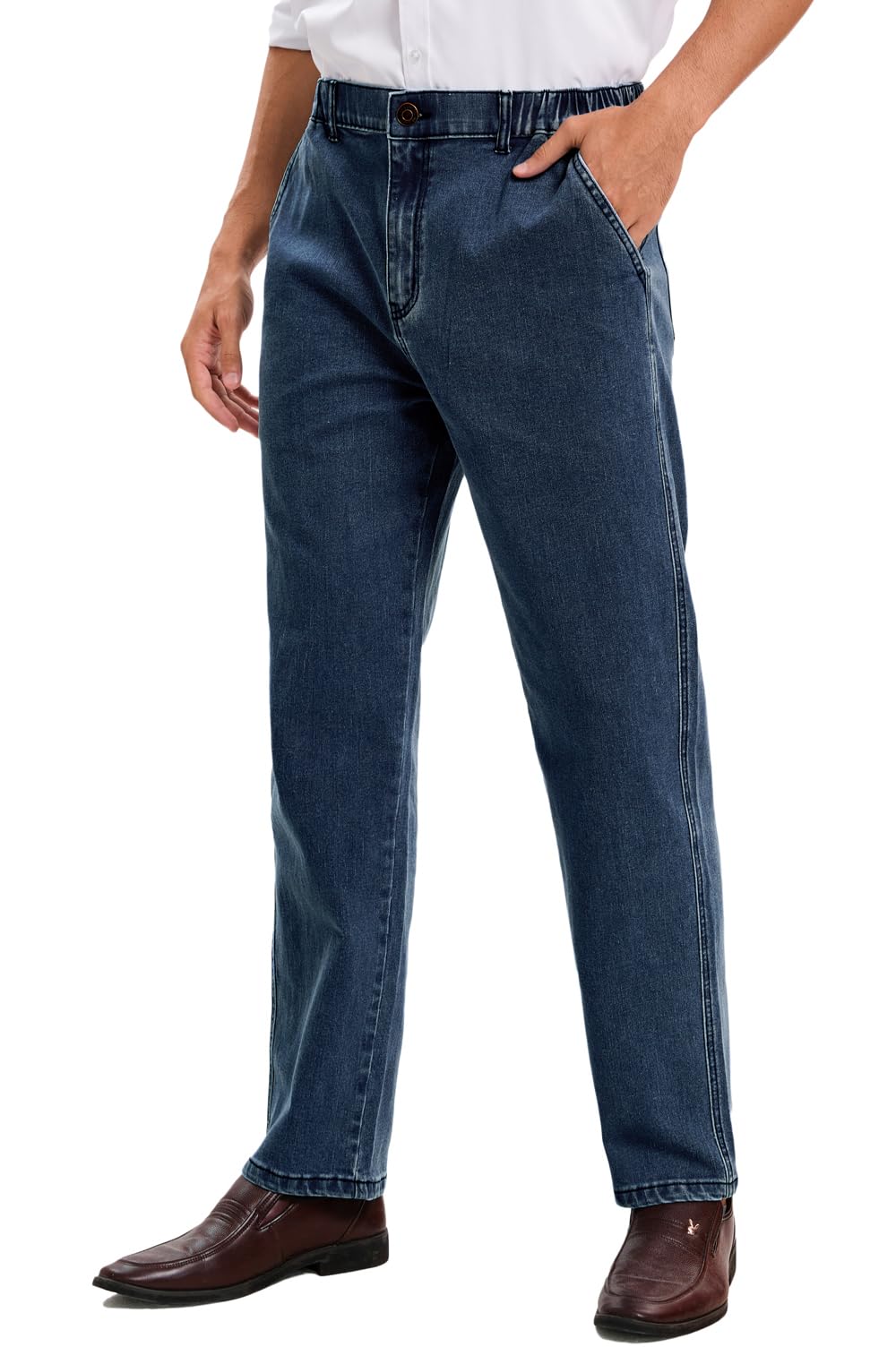 voeeron Mens Elastic Waist Jeans Relaxed Fit Elastic Waist Jeans for Men with Zipper and Button 38x28 Vintage Blue
