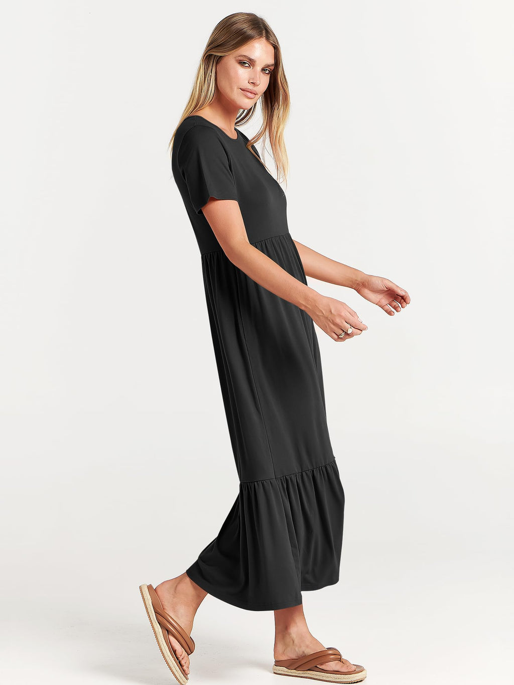ANRABESS Womens 2025 Summer Casual Maxi Dress A line Tiered Flowy Short Sleeve Crewneck T Shirt Beach Travel Long Dresses Black X-Large