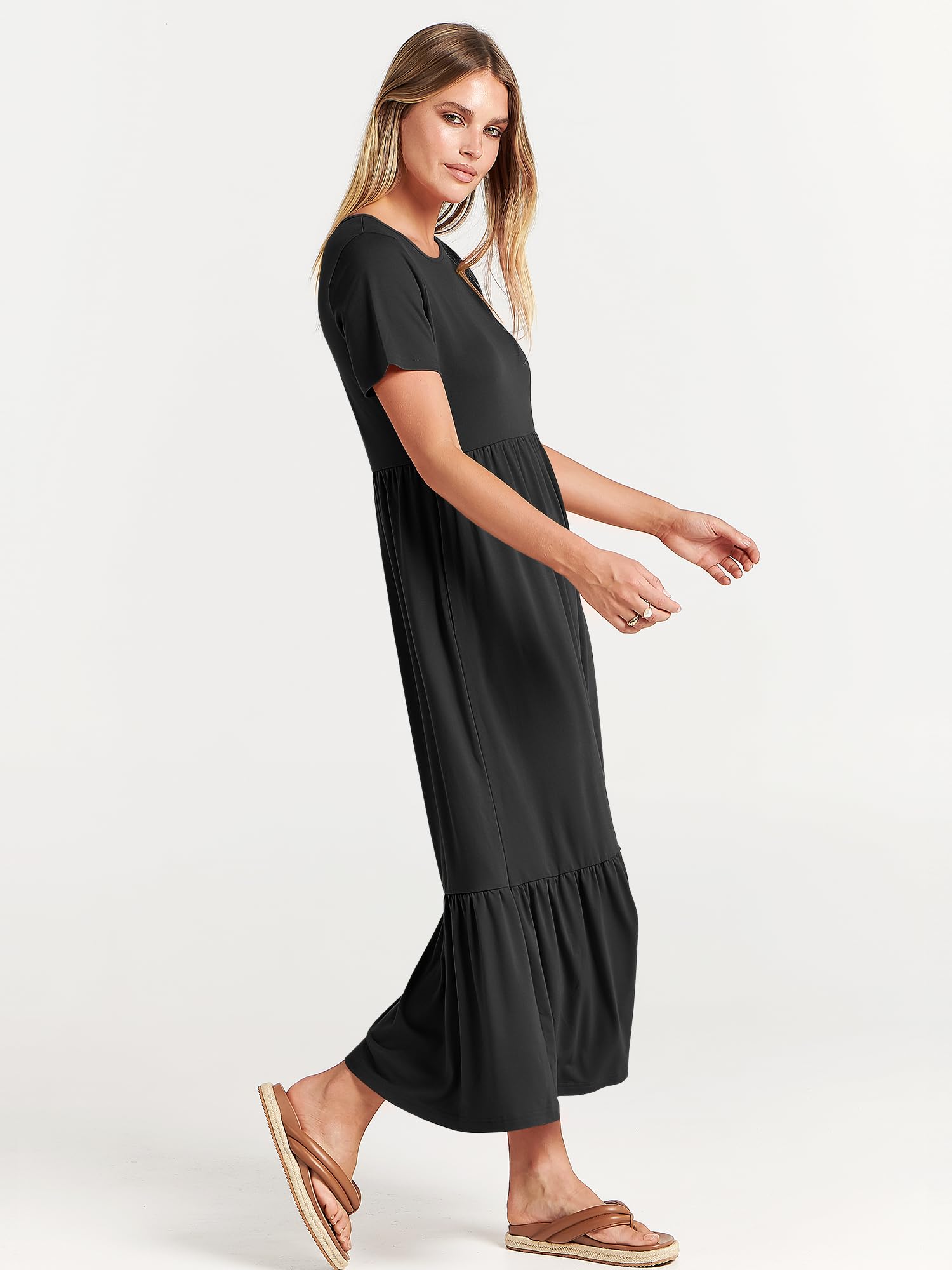 ANRABESS Womens 2025 Summer Casual Maxi Dress A line Tiered Flowy Short Sleeve Crewneck T Shirt Beach Travel Long Dresses Black X-Large