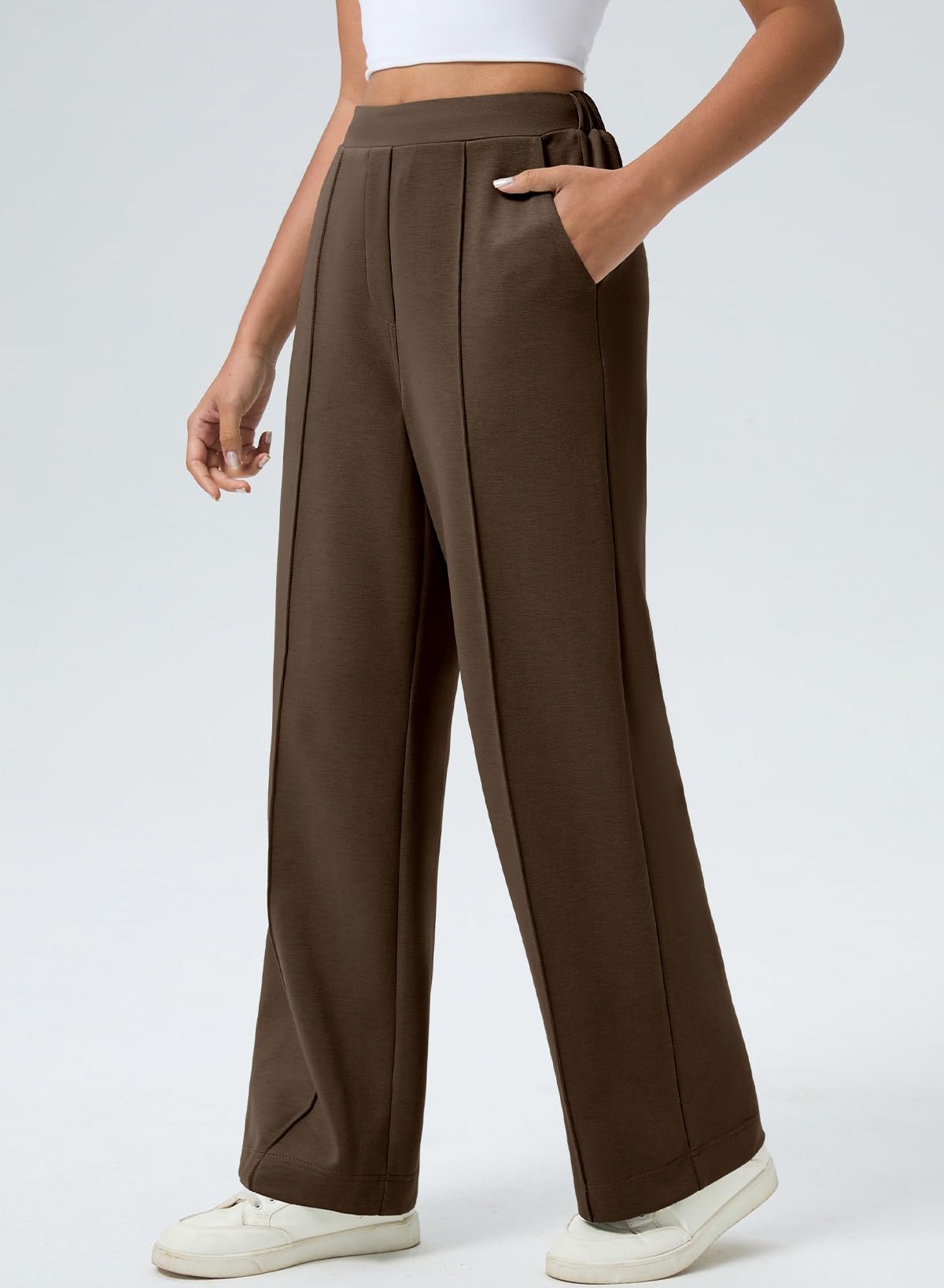 Aleumdr Women's Wide Leg Sweatpants with Pockets Casual High Elastic Waist with Drawstring Loose Baggy Athletic Workout Comfy Flowy Lounge Flecce Lined Workout Pants for 2025 Fall Brown XX-Large