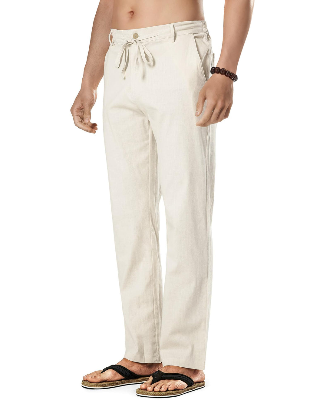 HOTake Men's Linen Dress Pants Casual Drawstring Summer Beach Trousers for Men Straight Fit M(34) Beige