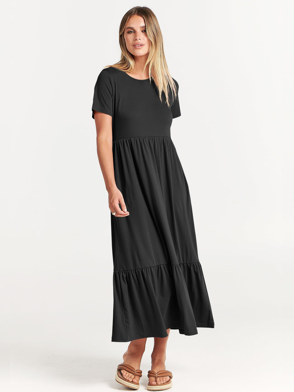 ANRABESS Womens 2025 Summer Casual Maxi Dress A line Tiered Flowy Short Sleeve Crewneck T Shirt Beach Travel Long Dresses Black X-Large