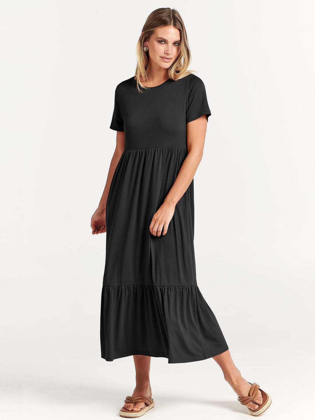 ANRABESS Womens 2025 Summer Casual Maxi Dress A line Tiered Flowy Short Sleeve Crewneck T Shirt Beach Travel Long Dresses Black X-Large
