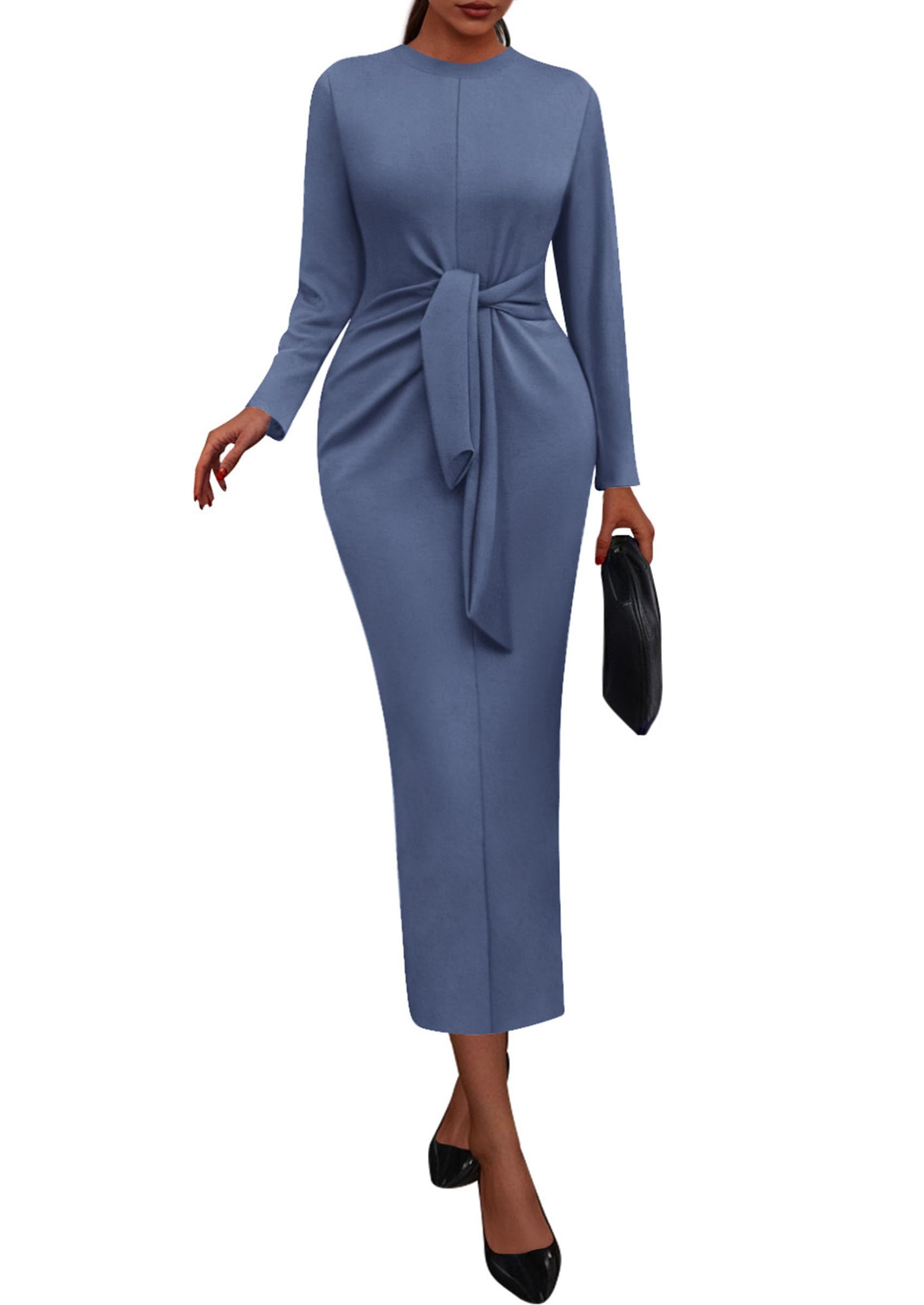 PRETTYGARDEN Women 2025 Semi Formal Midi Dresses Long Sleeve Bodycon Tie Waist Slit Wedding Guest Cocktail Fall Fashion Dress (Dusty Blue,Large)