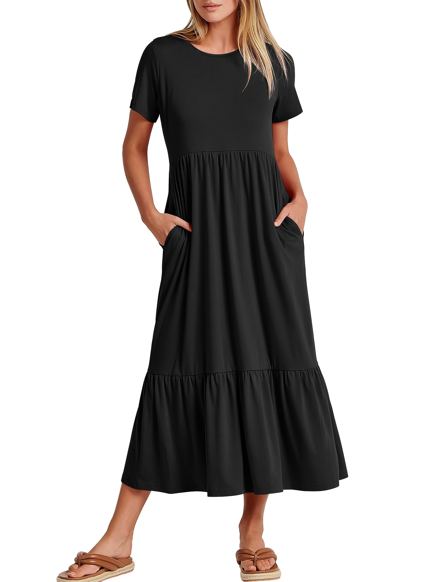 ANRABESS Womens 2025 Summer Casual Maxi Dress A line Tiered Flowy Short Sleeve Crewneck T Shirt Beach Travel Long Dresses Black X-Large