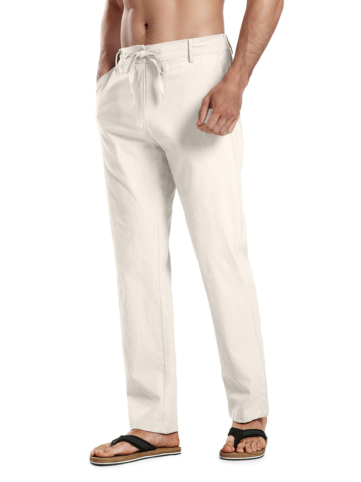 HOTake Men's Linen Dress Pants Casual Drawstring Summer Beach Trousers for Men Straight Fit M(34) Beige