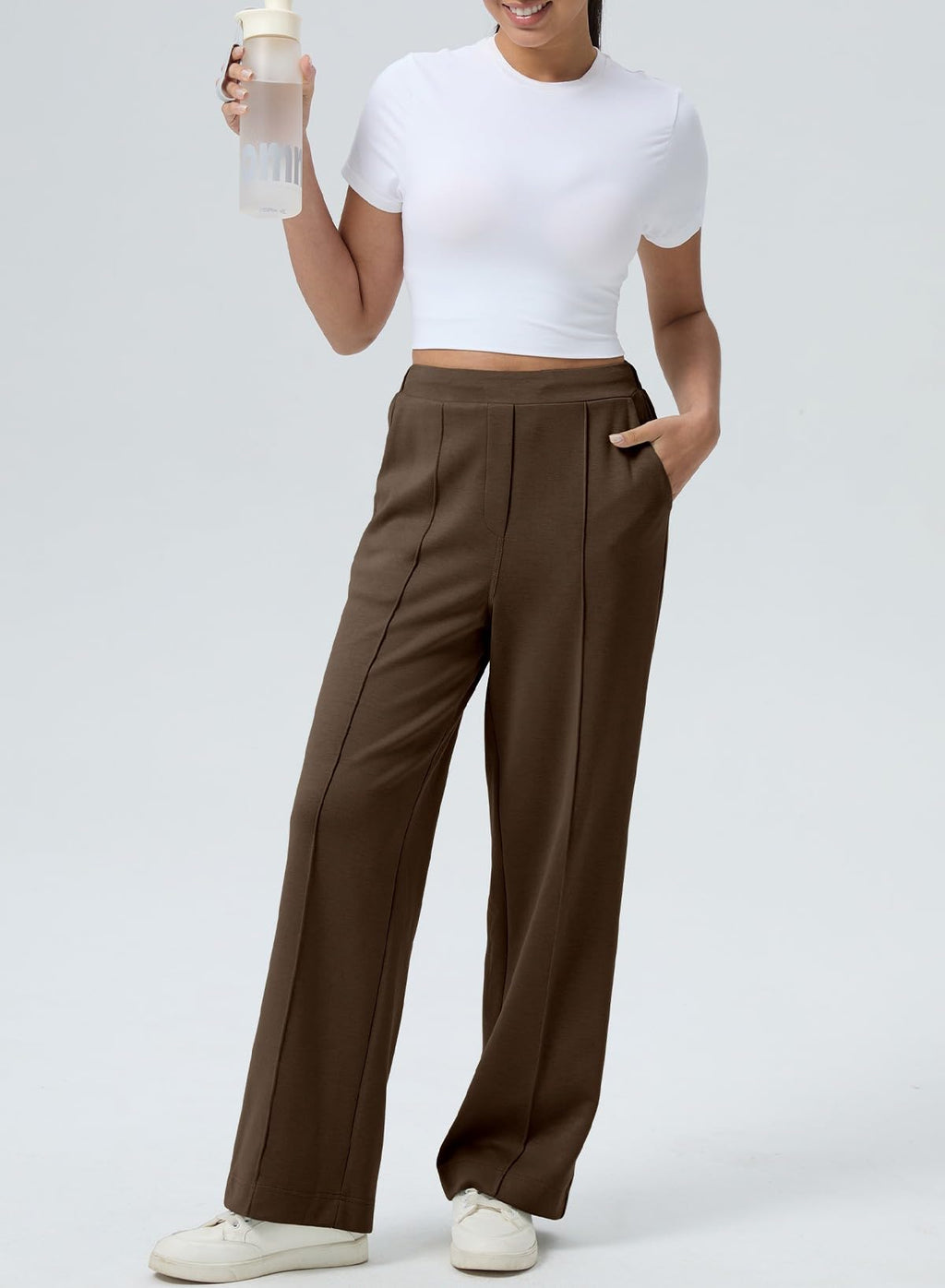 Aleumdr Women's Wide Leg Sweatpants with Pockets Casual High Elastic Waist with Drawstring Loose Baggy Athletic Workout Comfy Flowy Lounge Flecce Lined Workout Pants for 2025 Fall Brown XX-Large