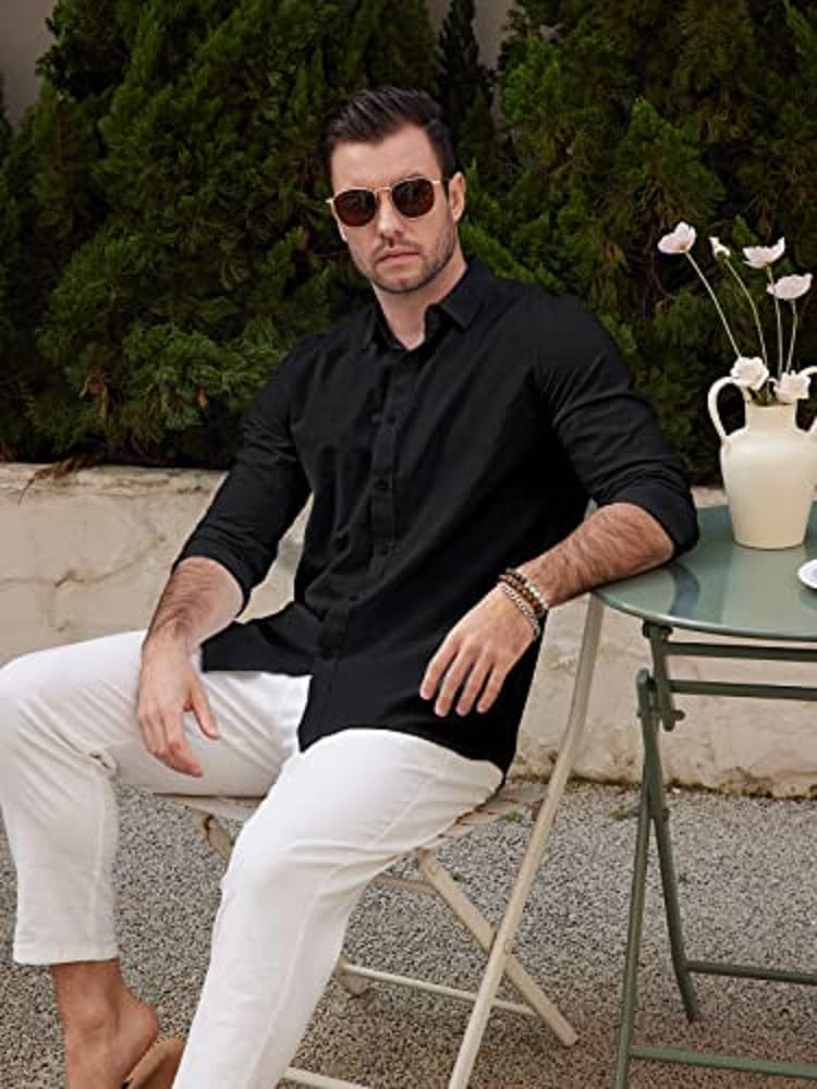 Mens Casual Long Sleeve Cotton Linen Shirts Buttons Down Solid Plain Roll-Up Sleeve Summer Beach Shirts