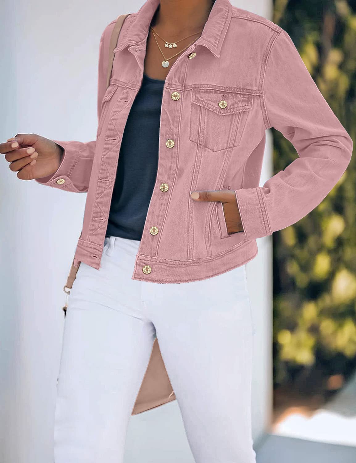 luvamia Women's Classic Casual Long Sleeves Jacket Basic Button Down Trucker Jacket Coat Womens Jean Jacket Spring Jackets For Women Pink Large Fits Size 12 / Size 14