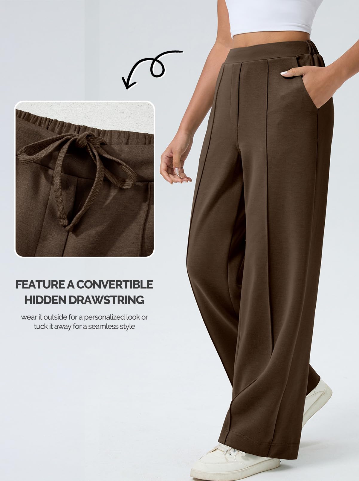 Aleumdr Women's Wide Leg Sweatpants with Pockets Casual High Elastic Waist with Drawstring Loose Baggy Athletic Workout Comfy Flowy Lounge Flecce Lined Workout Pants for 2025 Fall Brown XX-Large