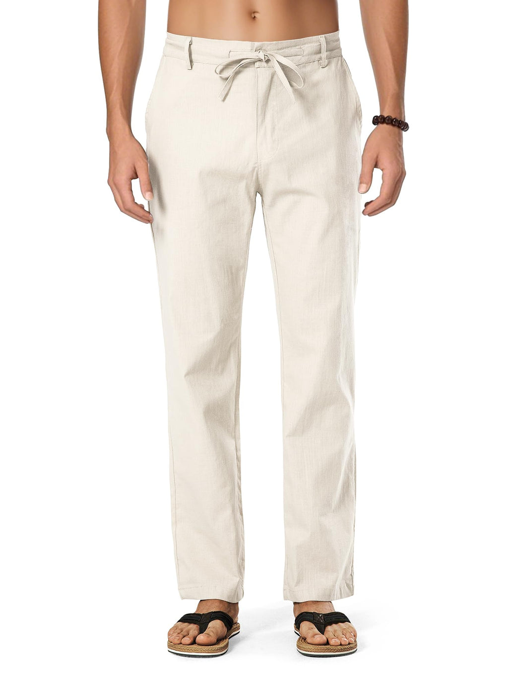 HOTake Men's Linen Dress Pants Casual Drawstring Summer Beach Trousers for Men Straight Fit M(34) Beige