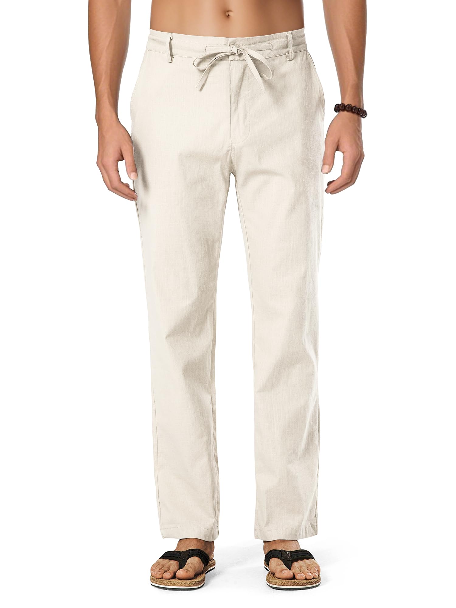 HOTake Men's Linen Dress Pants Casual Drawstring Summer Beach Trousers for Men Straight Fit M(34) Beige