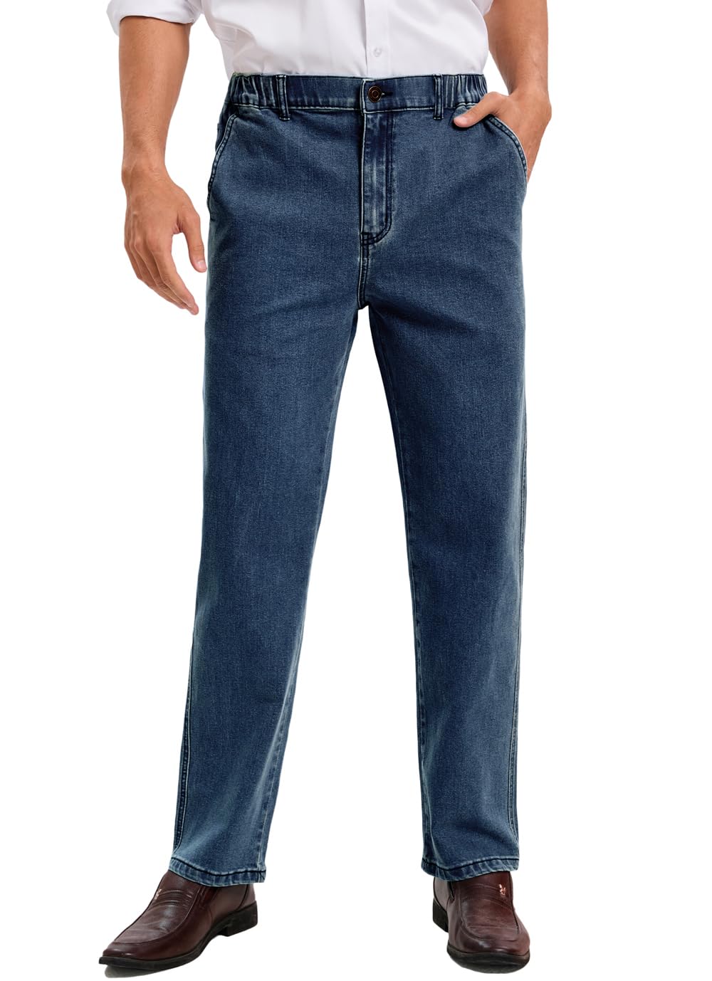 voeeron Mens Elastic Waist Jeans Relaxed Fit Elastic Waist Jeans for Men with Zipper and Button 38x28 Vintage Blue