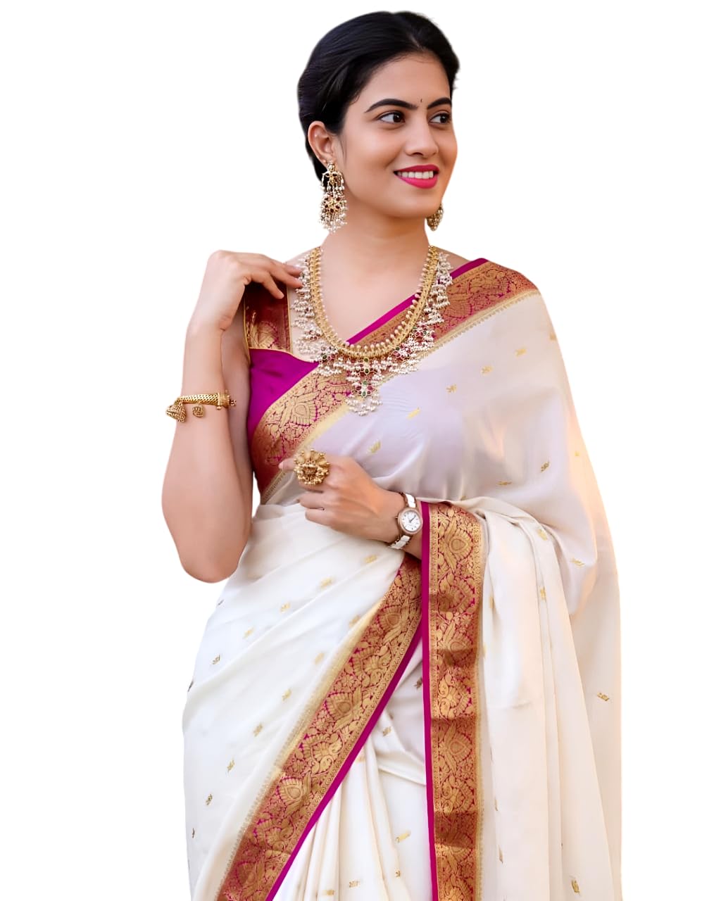 MAHEK Banarasi kanjivaram Sarees for Women's Indian Saree Fancy Wedding saree Party Wear sari & Blouse Piece MF299(White)