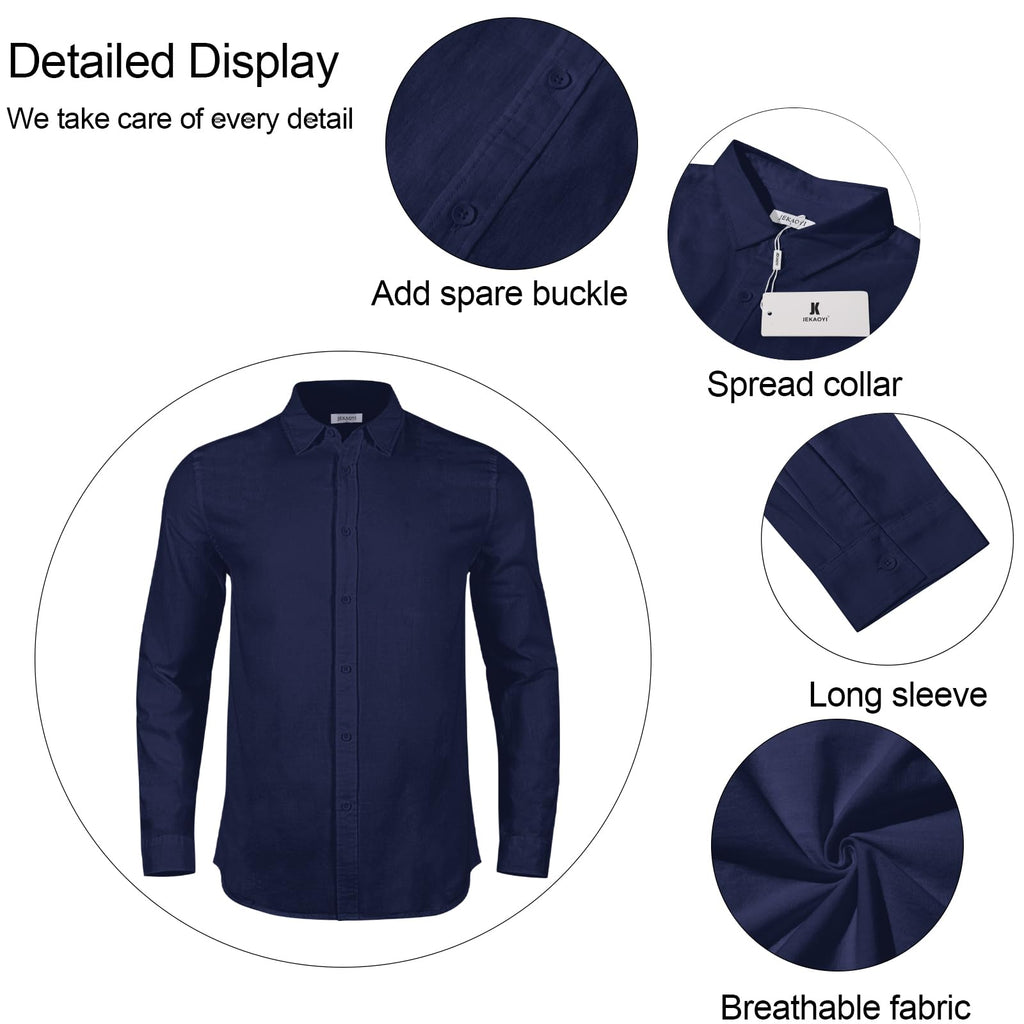 Mens Casual Long Sleeve Cotton Linen Shirts Buttons Down Solid Plain Roll-Up Sleeve Summer Beach Shirts