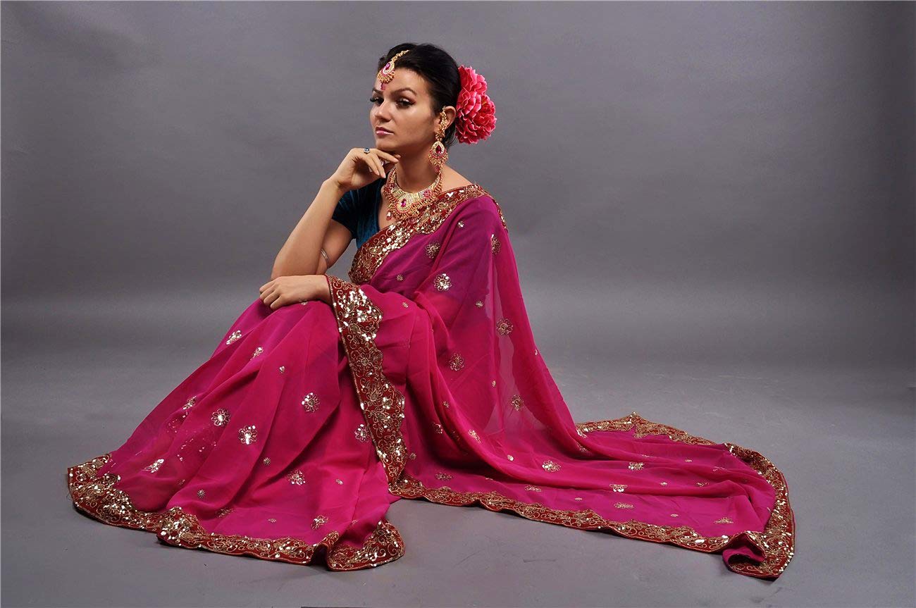 Indian Trendy Women's Bollywood Sequin Embroidered Sari Festival Saree Unstitched Blouse Piece Costume Boho Party Wear (Deep Pink)