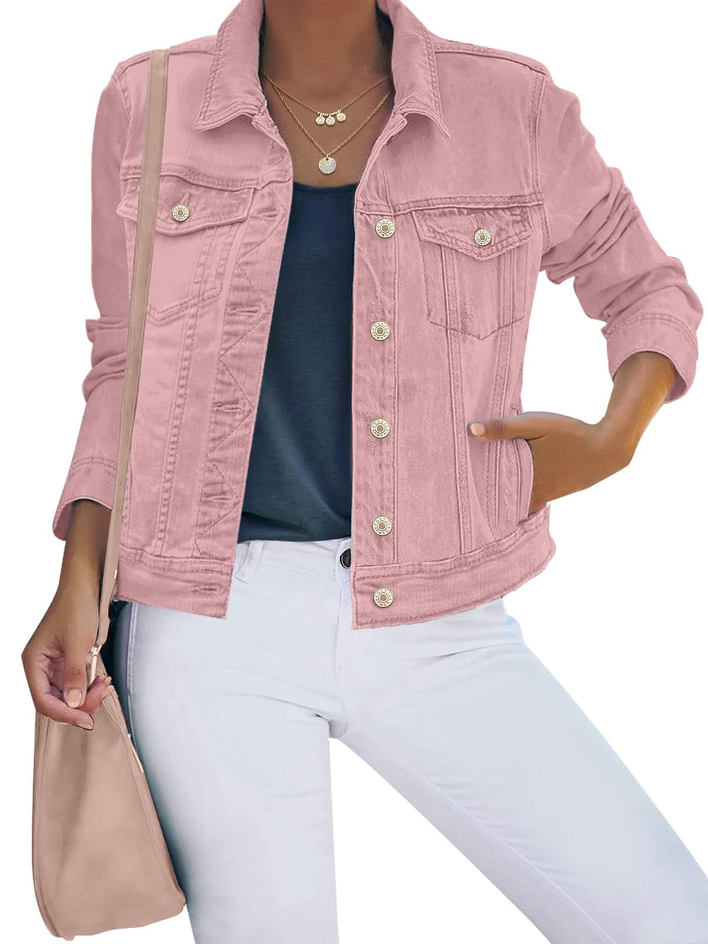 luvamia Women's Classic Casual Long Sleeves Jacket Basic Button Down Trucker Jacket Coat Womens Jean Jacket Spring Jackets For Women Pink Large Fits Size 12 / Size 14