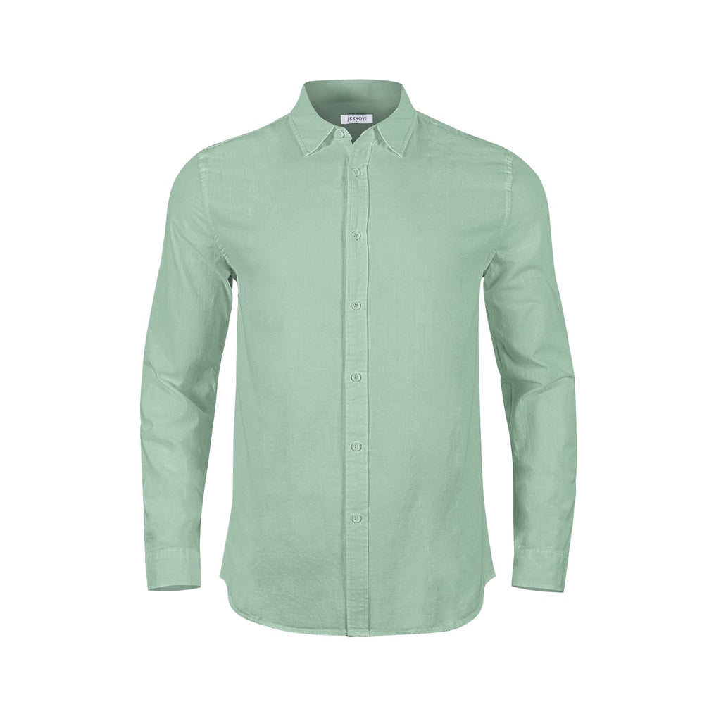 Mens Casual Long Sleeve Cotton Linen Shirts Buttons Down Solid Plain Roll-Up Sleeve Summer Beach Shirts