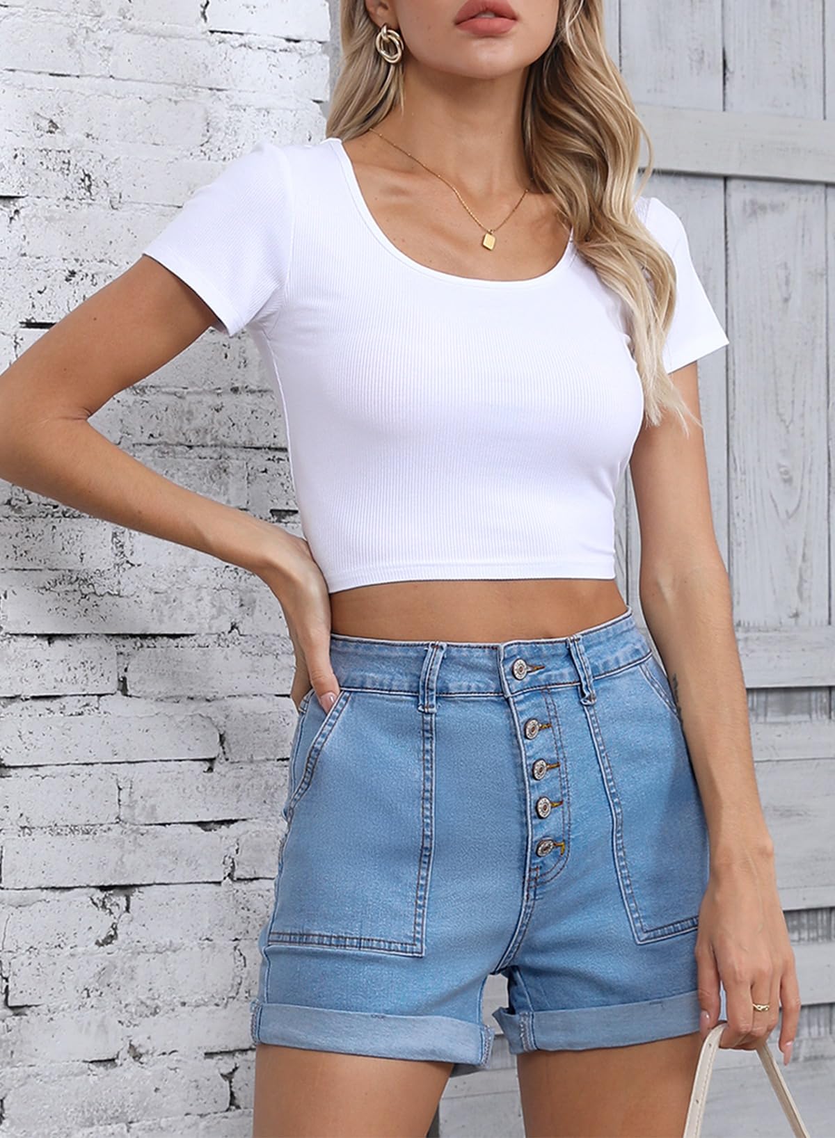 Sidefeel Womens Jean Shorts Summer High Waisted Stretchy Buttoned Folded Hem Denim Shorts Light Blue Size 14