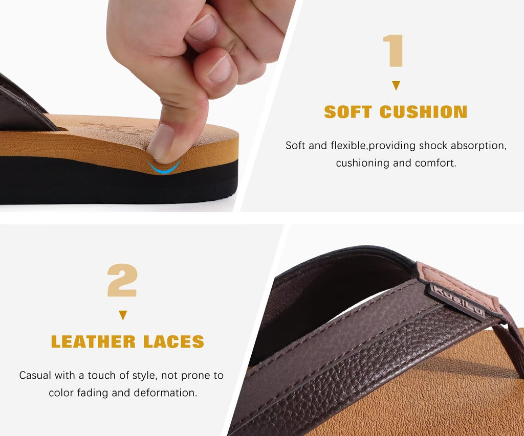 KuaiLu Mens Leather Flip Flops Arch Support Summer Beach Pool Water Thong Sandals Waterproof Outfits Travel Essentials Walking Shoes Slip on Orthotic Casual Sport Cushion Slides Slippers Khaki Size 10