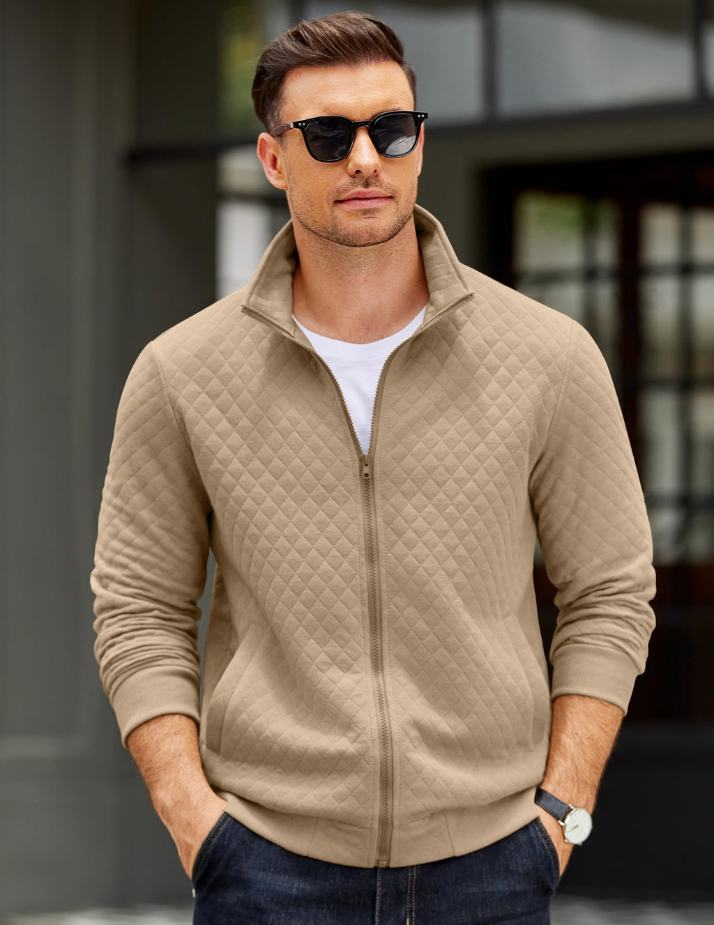 COOFANDY Men's Quilted Jackets Full Zip Mock Neck Sweatshirts Lightweight Hoodless Jacket Fall 2025 Khaki