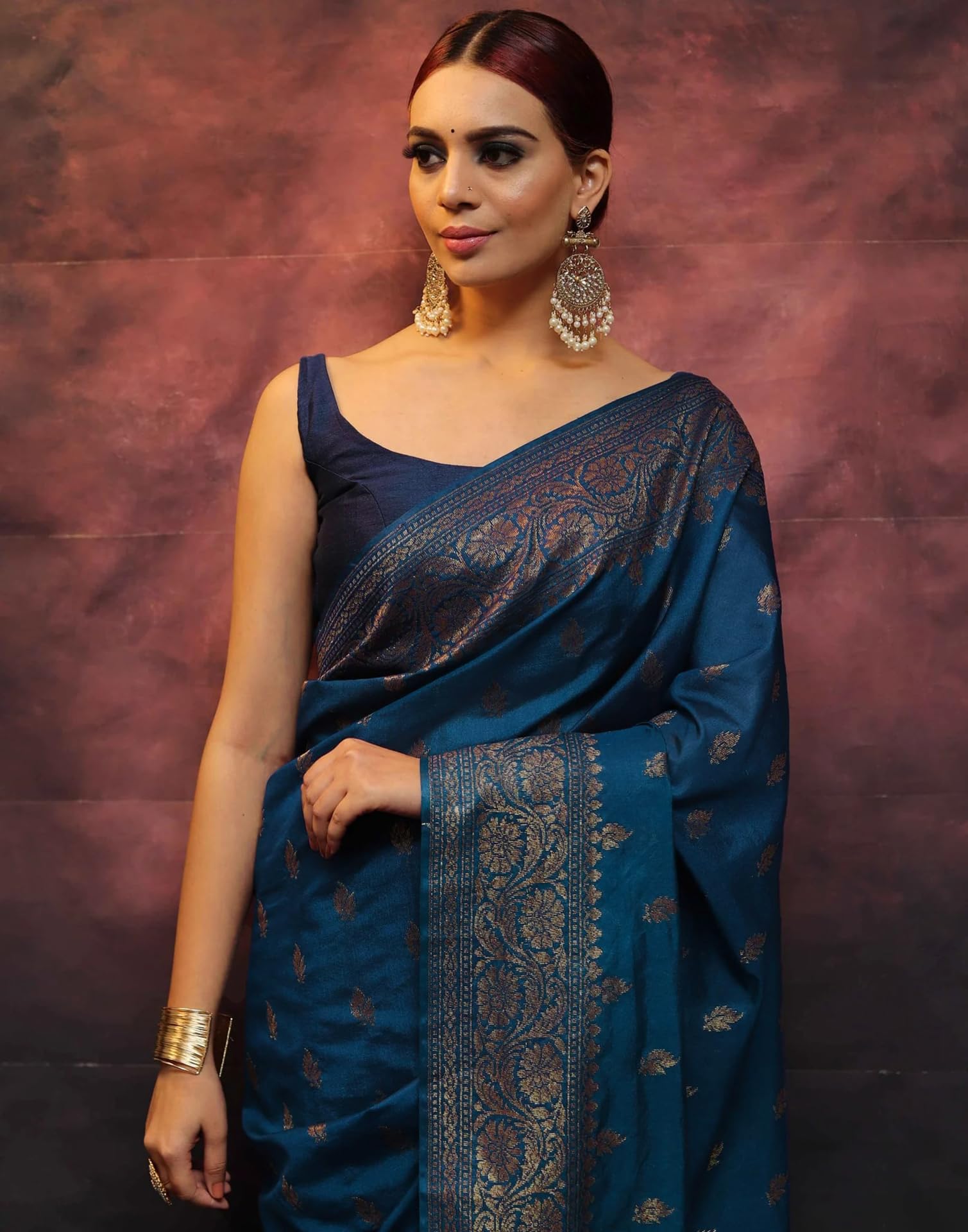 SIRIL Women's Banarasi Silk Kanjivaram Jacquard Saree With Unstitched Blouse Piece (3730S390_Teal Blue)