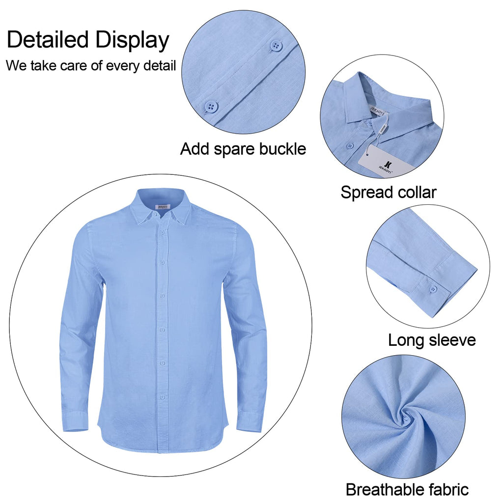Mens Casual Long Sleeve Cotton Linen Shirts Buttons Down Solid Plain Roll-Up Sleeve Summer Beach Shirts
